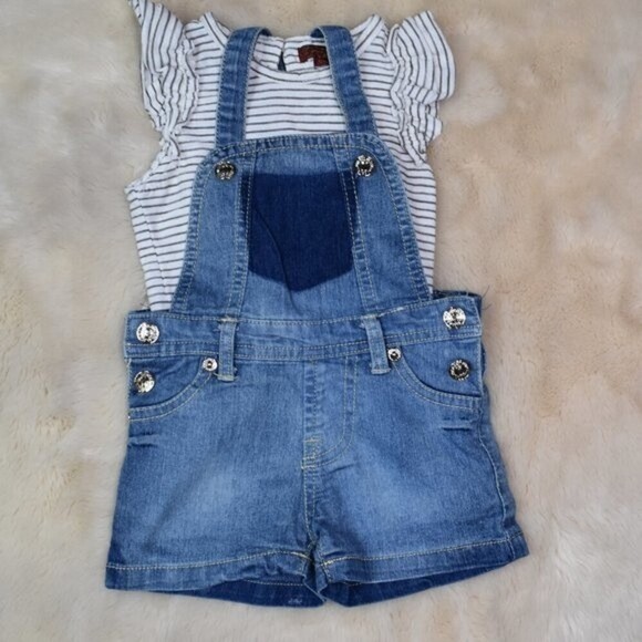 7 For All Mankind Girls Denim Overall Shorts Striped T-Shirt Set Size 12 Months - Picture 1 of 9